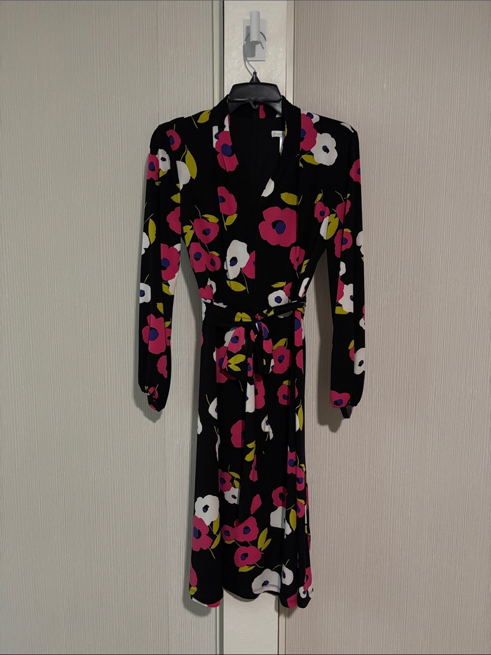 London Times Black Floral Wrap Dress with Pink and White Blooms